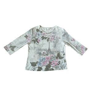 Y2K Christopher & Banks Eiffel Tower Top XL Green-Pink Floral Fairy Rhinestone